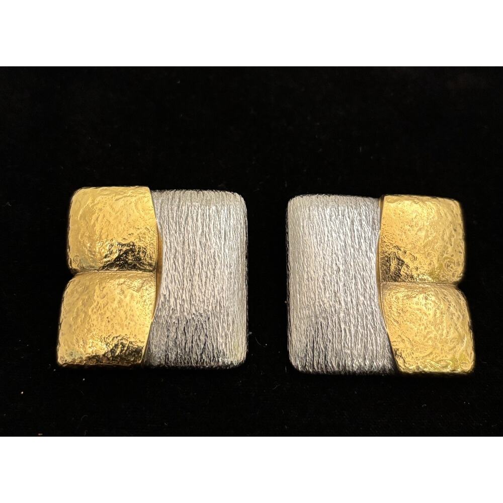 Vintage Gossens Paris Hammered Gold/Textured Silver Tone Clipon EARRINGS